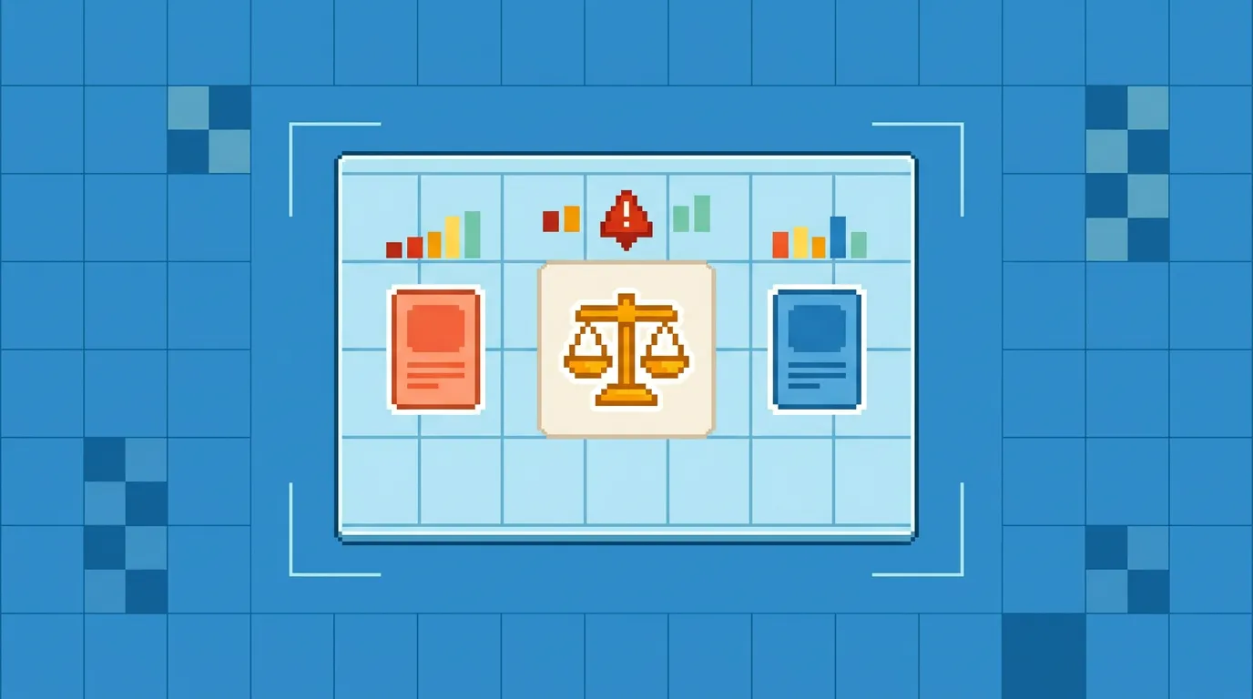 An amber pixel balance comparing coral and blue agent versions on a blue benchmark grid.