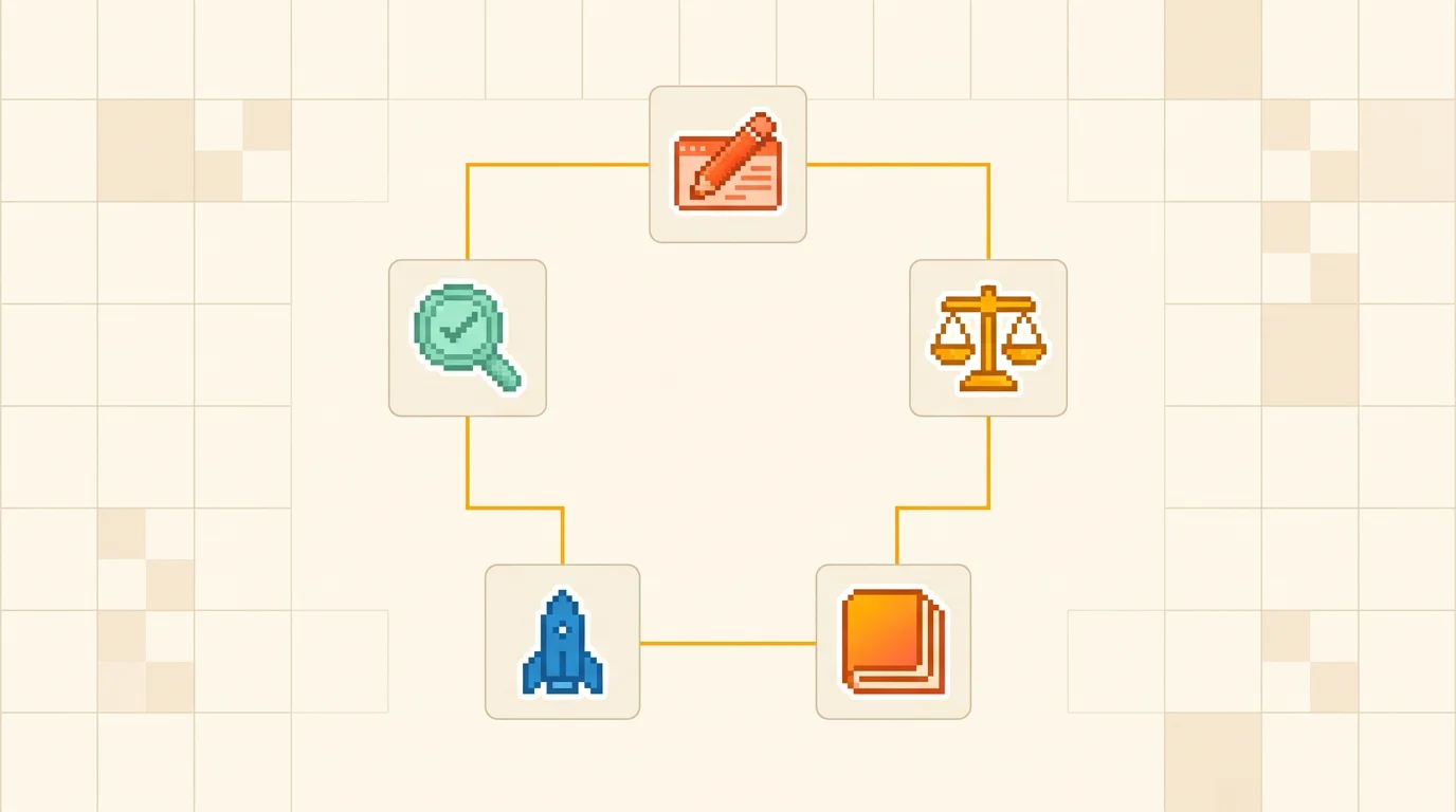 Five original pixel symbols for annotation, evaluation, skills, publishing and re-measurement connected in a closed loop on a light grid.