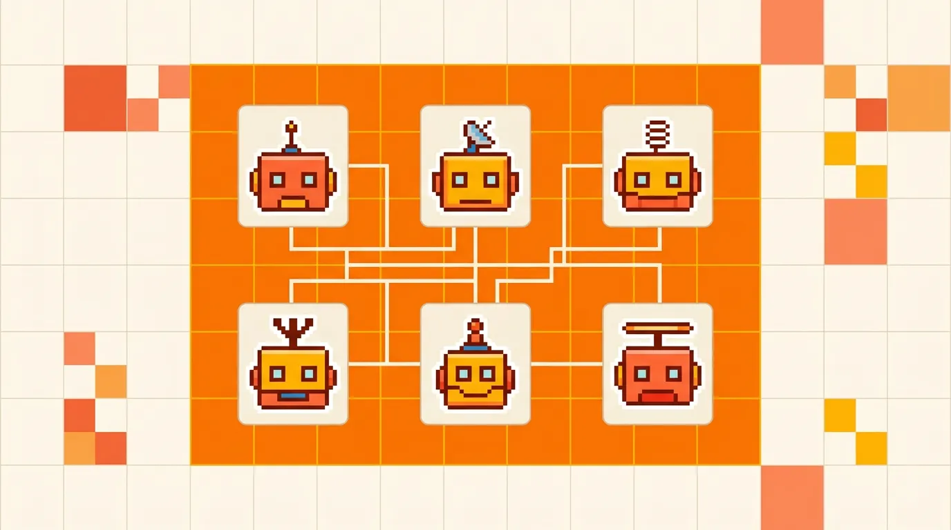 Six original pixel agent heads connected through a network on an orange grid.
