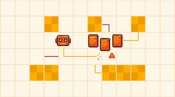 An orange pixel agent with disconnected data cards and a warning symbol on a light grid.